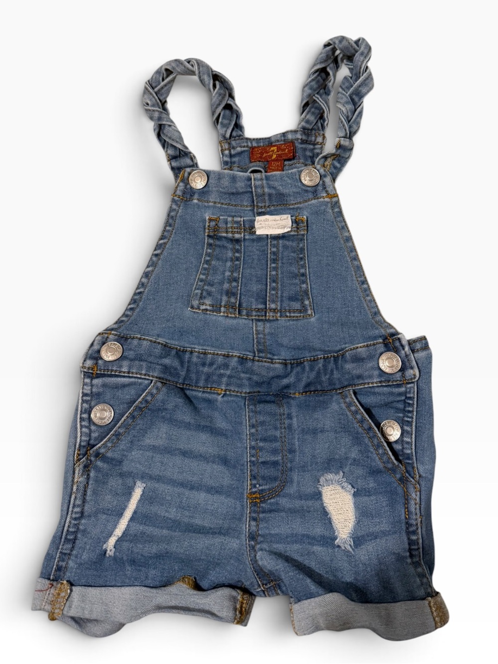 7 For All Mankind Blue Distressed Braided-Strap Denim Short Overalls
